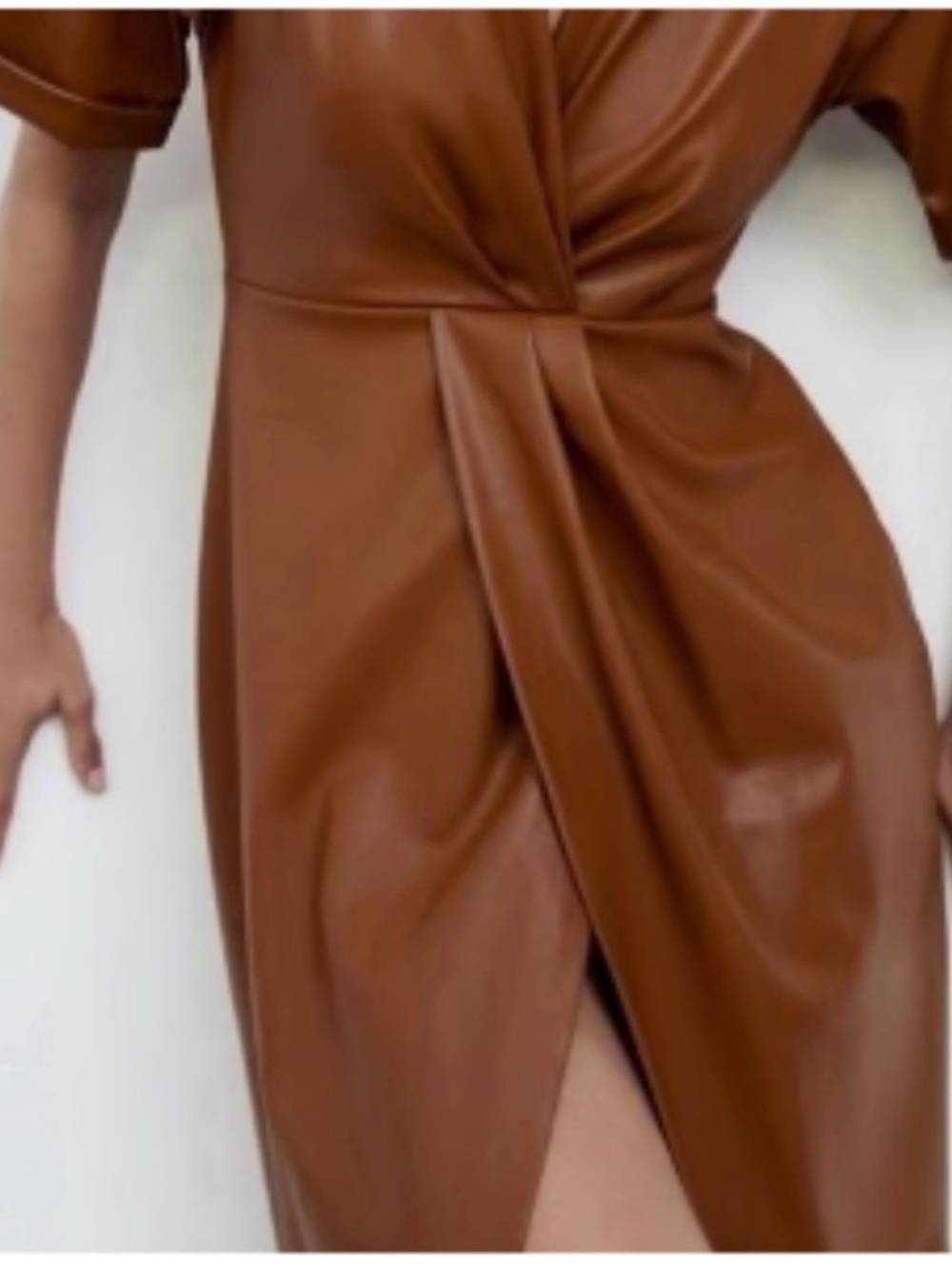 Zara Faux Leather Twist Midi Dress in Brown